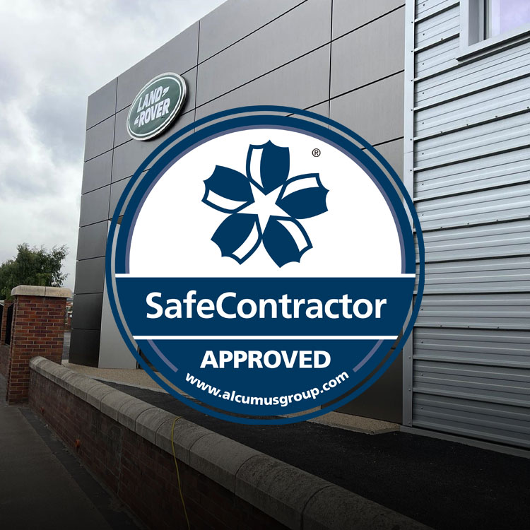 SafeContractor logo placed on a photograph of the Sheffield Landrover dealership.